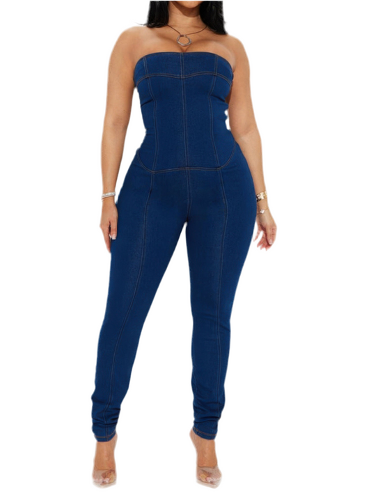 Strapless Denim Jumpsuit With Lace Up Back
