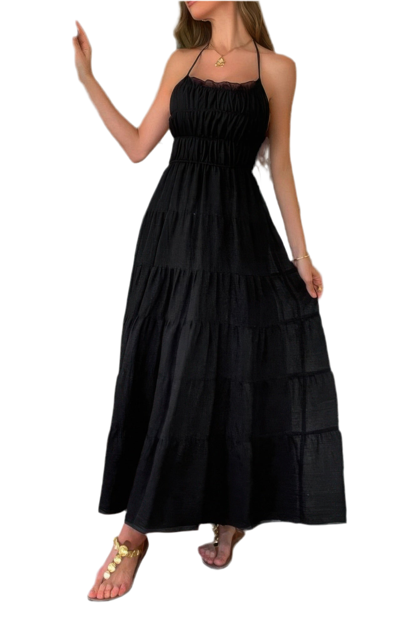 Solid Halter Ruched Textured Tiered Full Dress ~ 4 Colors