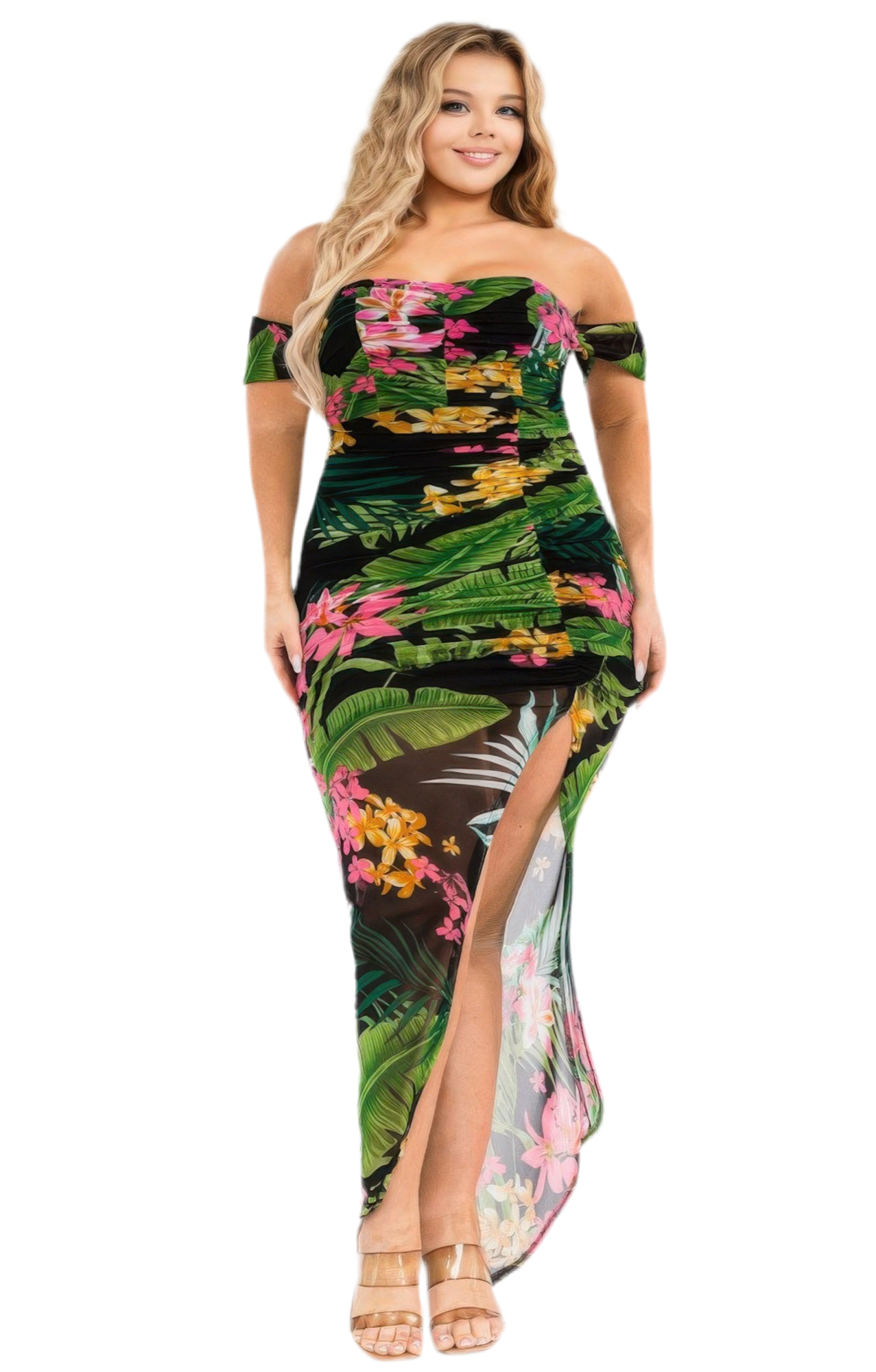 Plus Tropical Off Shoulder Draped Slv Maxi Dress