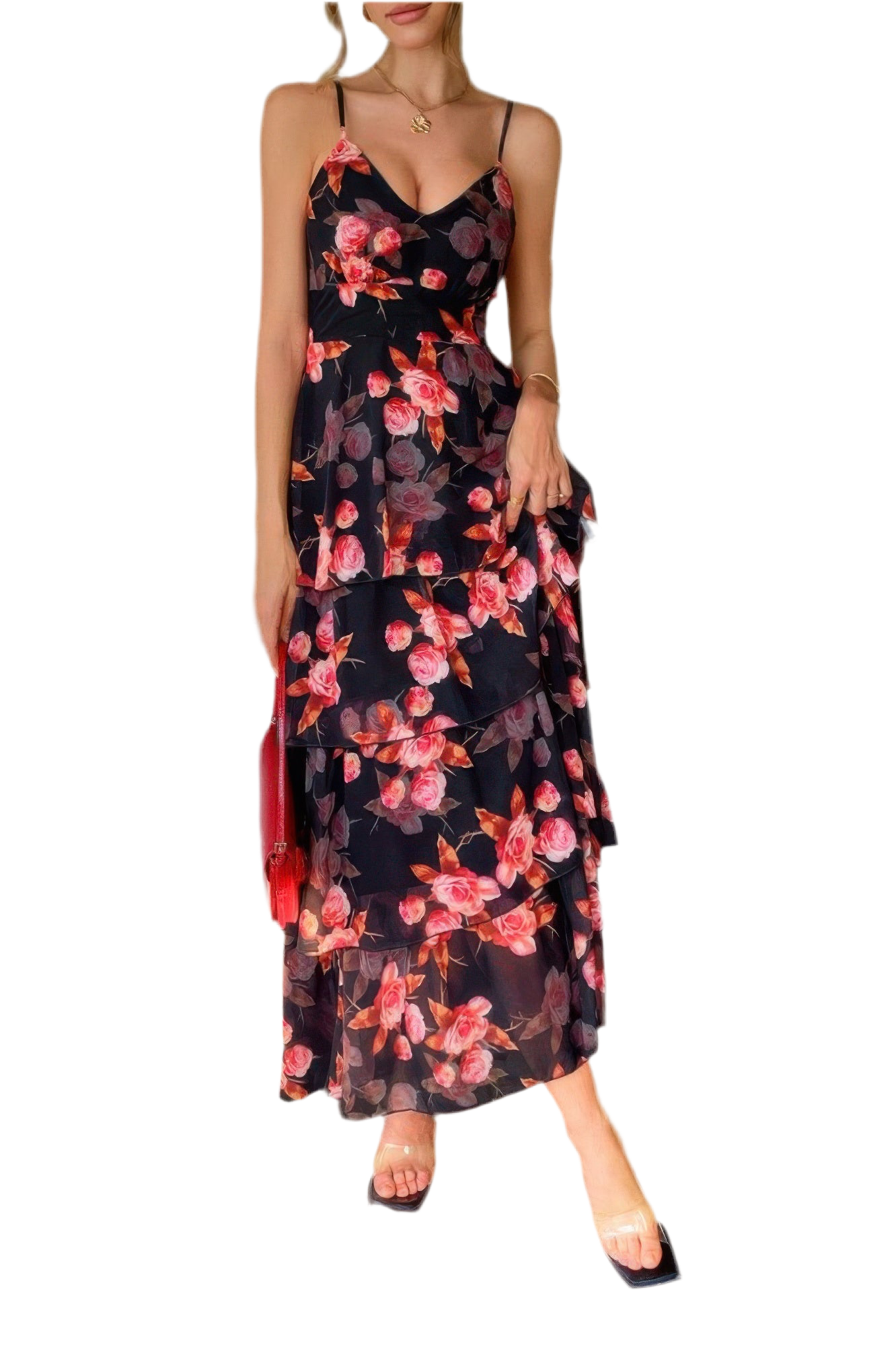 Straps Floral Print V Neck Patchwork Full Dress ~4 Colors
