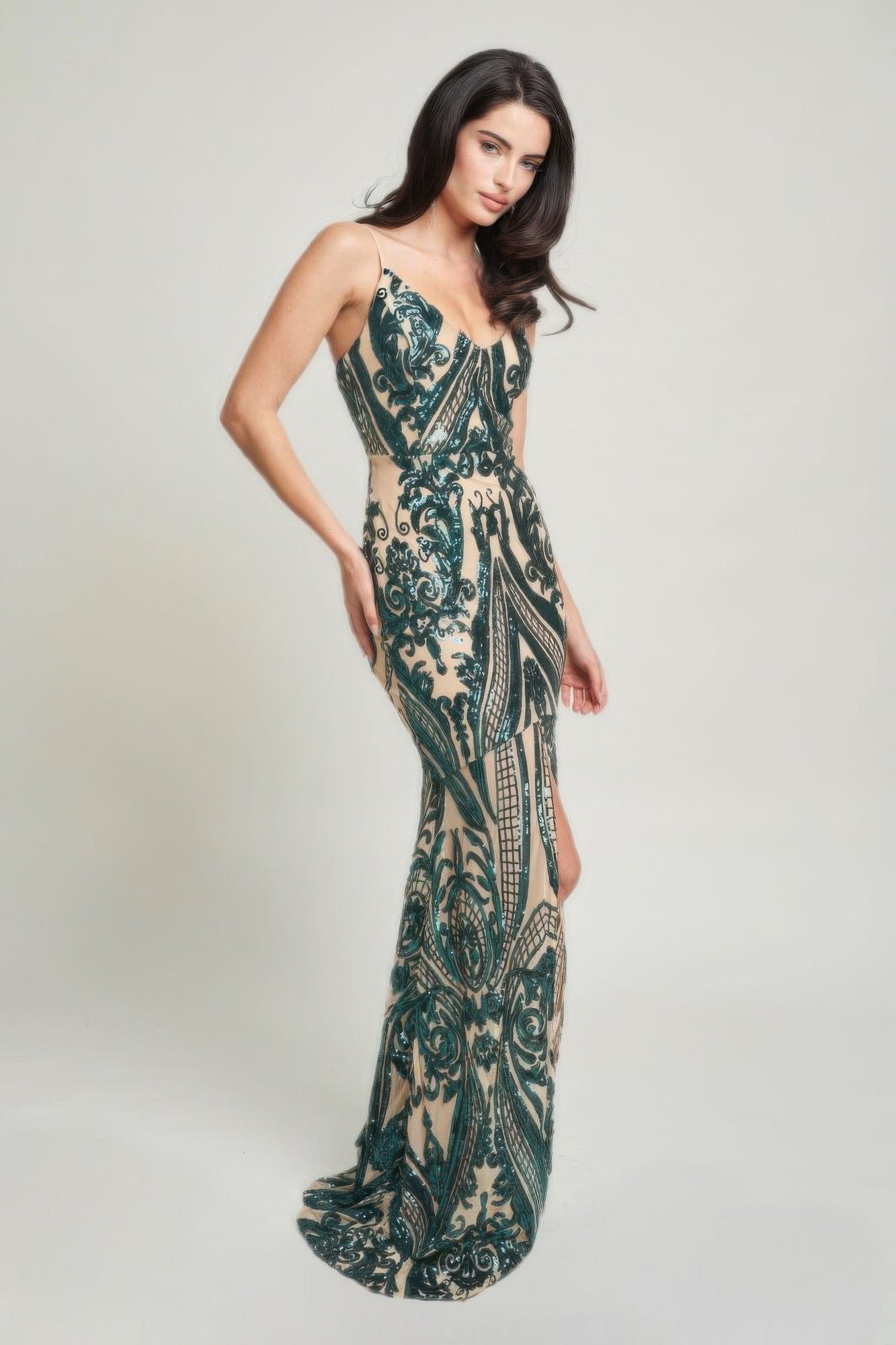 Spaghetti Strap Art Deco Sequins Maxi Dress ~3 Colors